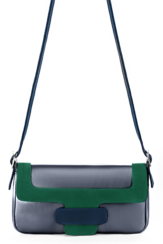 Denim blue and emerald green women's dress handbag, matching pumps and belts. Top view - Florence KOOIJMAN
